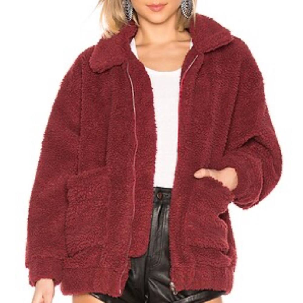 IAMGIA Pixie Teddy Burgundy Sherpa Zip Up Jacket XS Oversized
